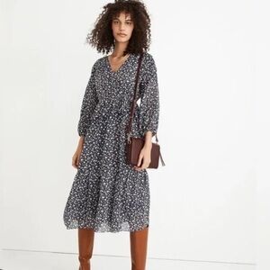 New Madewell Floral Tie Waist Midi Dress Harvest Vine Navy Blue Washable Size L